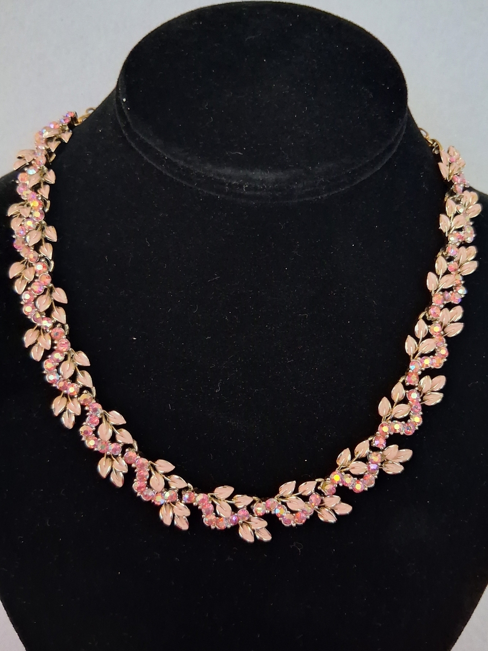 Vintage Coro Pink Floral Crystal Leaf Gold Tone Choker - Women Necklace